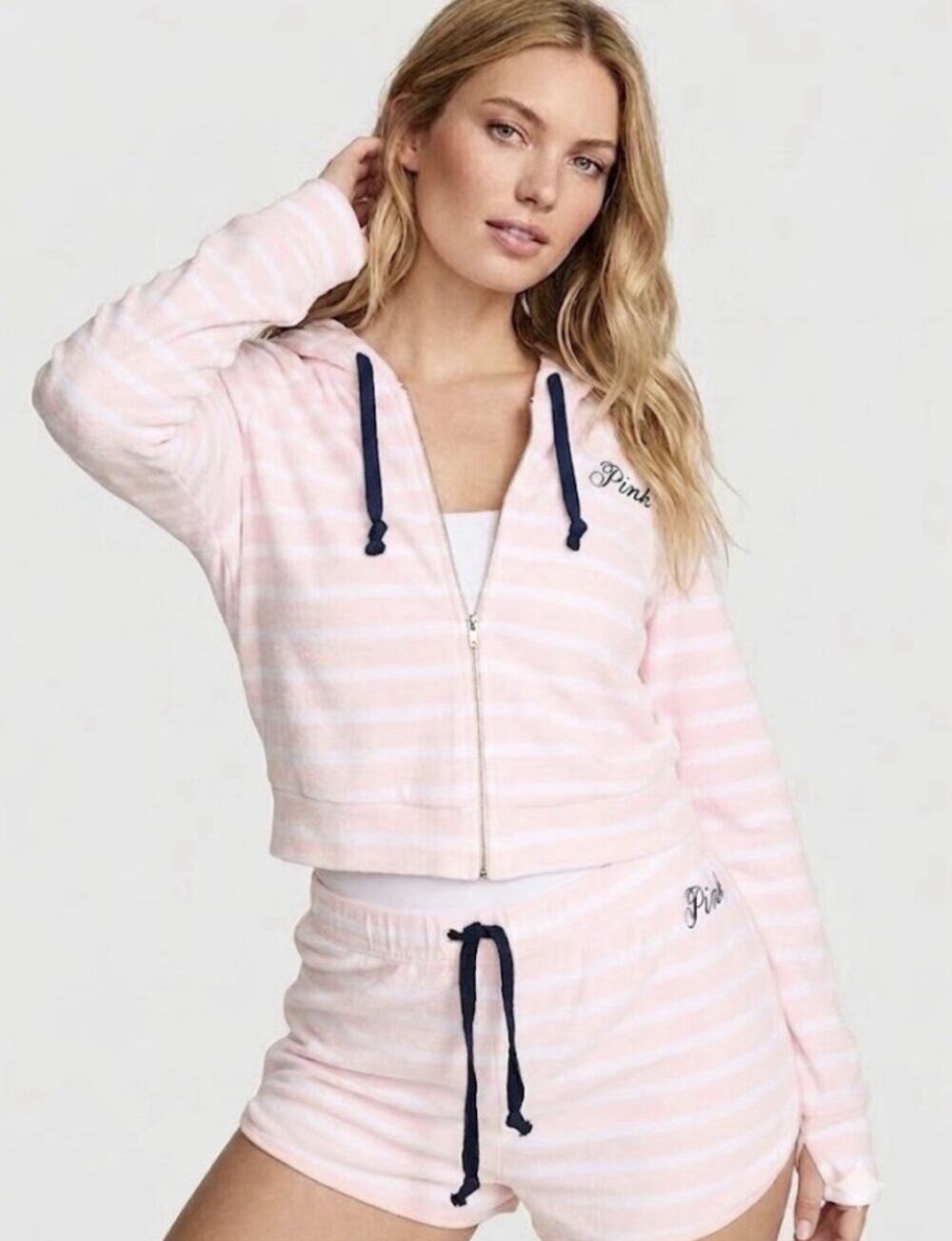 Victoria's Secret PINK Terry Full-Zip Cover-Up Hoodie Pink/White Stripe XS Chrty